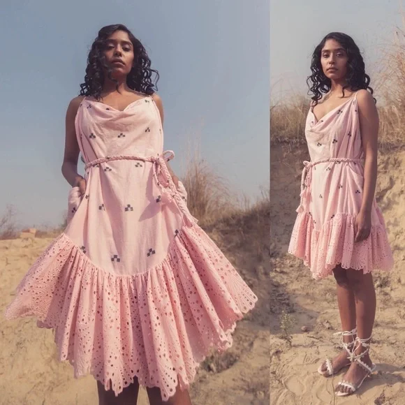 Ash&Eden Pink Daksha Mini Eyelet Dress sz L - Picture 2 of 9